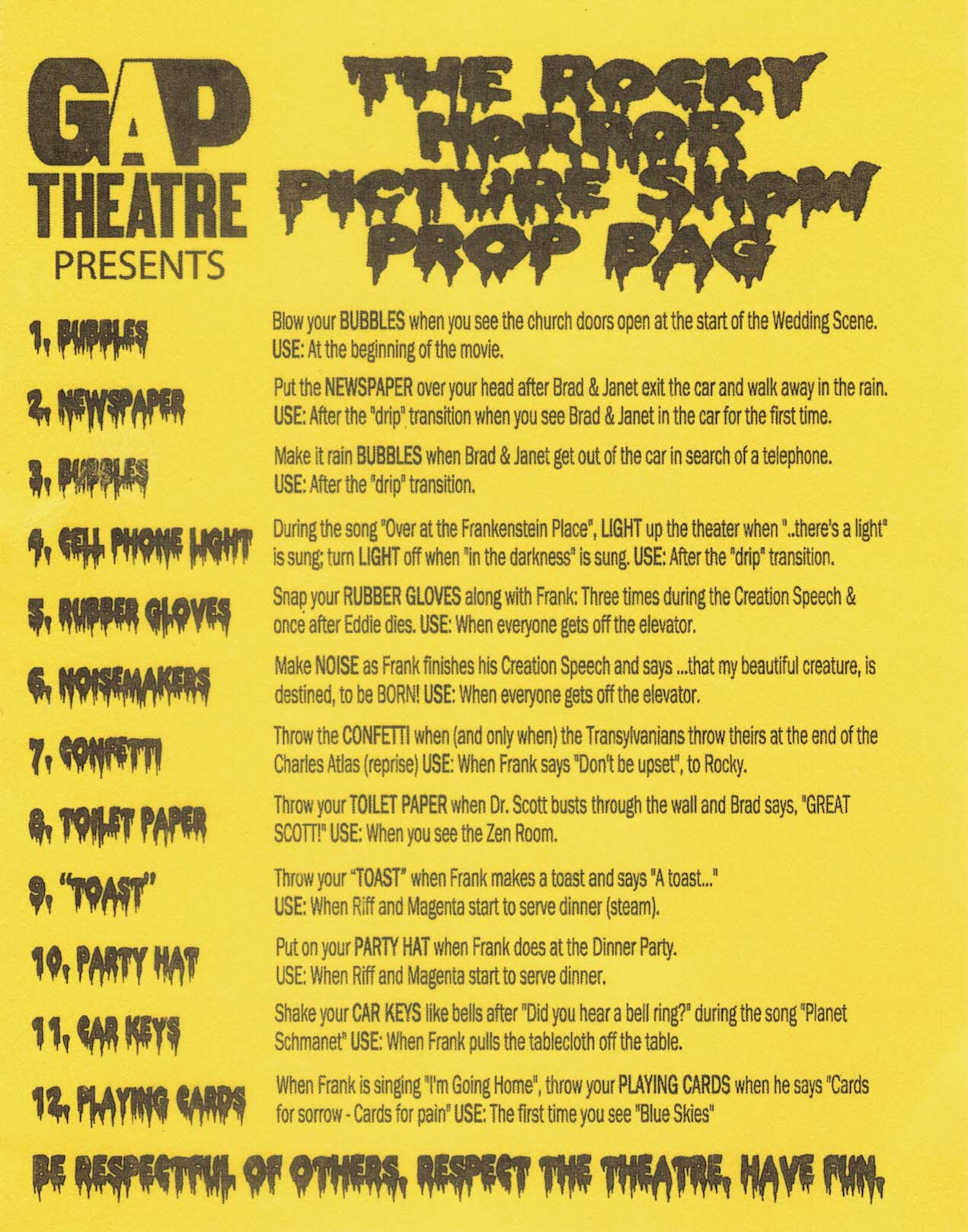 A prop bag list showing the items included with a Golden Atlas Players Rocky Horror bag.